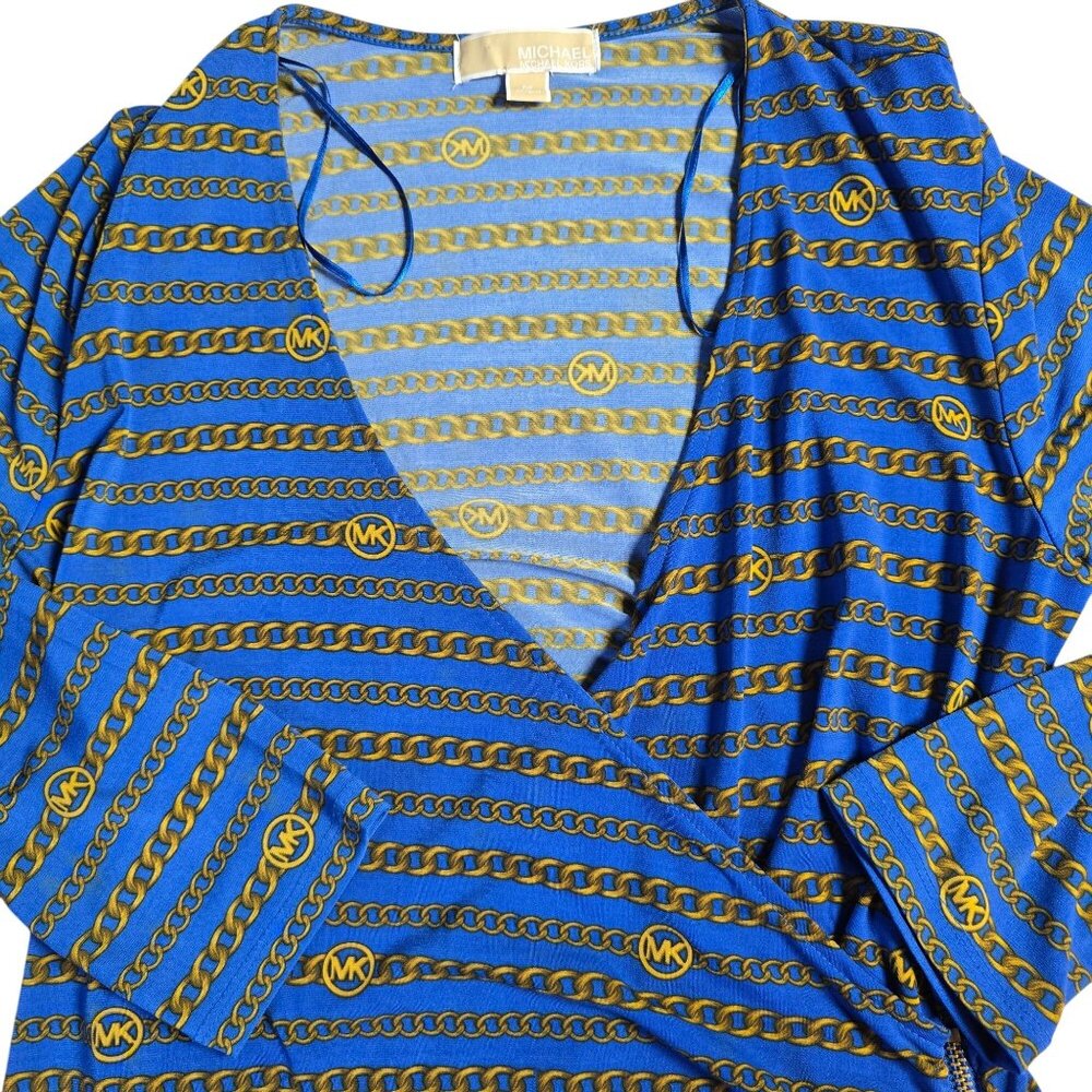 Michael Kors Womens Chain Print Dress  Blue/Gold Polyester Spandex Medium